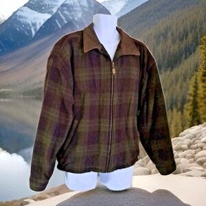 Structure Bomber Jacket XL Brown Plaid Wool Blend Leather Collar Full Zip Pocket